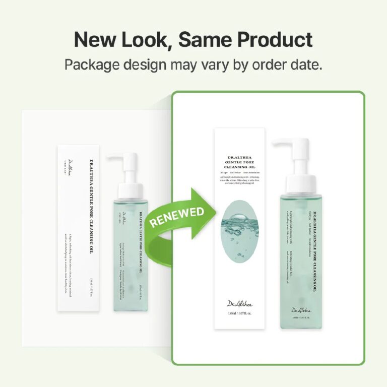 Der vises to flasker og æsker med Dr. Althea – Gentle Pore Vegan Cleansing Oil, med en pil mærket »RENEWED«, der peger fra det gamle til det nye design. Ovenfor står der: »Nyt udseende, samme produkt.«.