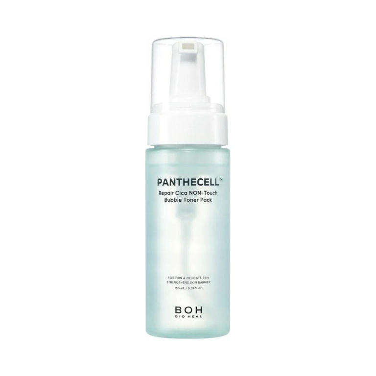 En klar flaske BioHeal BOH Panthecell Repair Cica NON-Touch Bubble Toner Pack med en hvid pumpe og lyseblå gradientetiket, designet til pleje af sart hud.
