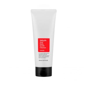 En hvid tube med Cosrx - Salicylic Acid Gentle Cleanser med sort hætte og rød etiket står oprejst mod en almindelig hvid baggrund og fremhæver rengøringsmidlets slanke design.
