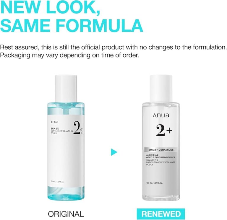 Side-by-side-billede af Anua - BHA 2% Gentle Exfoliating Toner: til venstre ses den originale blå hætte, til højre ses den opdaterede klare hætte og nye etiket. Tekst: Nyt look, samme formel.
