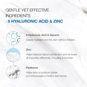 Infografik om Anua - 8+ Hyaluronic Acid Hydrating Gentle Foaming Cleanser. Fremhæver hyaluronsyre og glycerin, zink og panthenol med beskrivelser og cirkulære billeder - ideelt til at forstå dette rensemiddels hudfordele på en hvid struktureret baggrund.