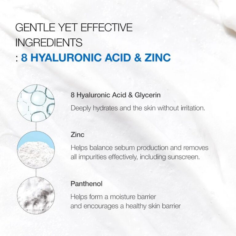 Infografik om Anua - 8+ Hyaluronic Acid Hydrating Gentle Foaming Cleanser. Fremhæver hyaluronsyre og glycerin, zink og panthenol med beskrivelser og cirkulære billeder - ideelt til at forstå dette rensemiddels hudfordele på en hvid struktureret baggrund.