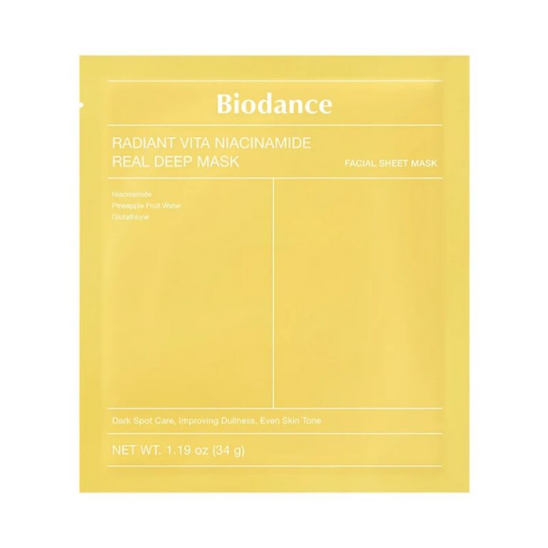 En gul pakke med Biodance - Radiant Vita Niacinamide Real Deep Mask ansigtsmaske med niacinamid, ananasfrugtvand og glutathion; nettovægt: 1,19 oz (34 g).