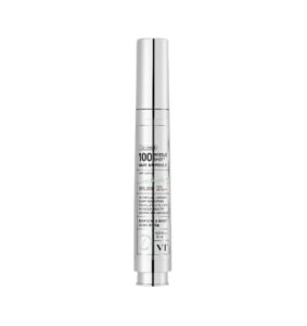 En sølvfarvet cylindrisk flaske med en pumpedispenser, mærket VT Cosmetics - PDRN Reedle Shot Hair Ampoule 100dL med sort tekst, viser et minimalt design mod en ren hvid baggrund.