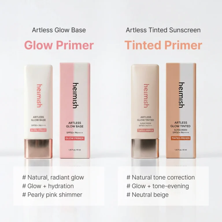 To Heimish-favoritter: Artless Glow Base (Glow Primer) med rosa glimmer og Artless Glow Tinted Sunscreen Shine Beige SPF50+ PA+++ i en neutral tone, hver med de fordele, der er nævnt nedenfor.