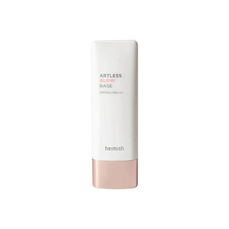 En hvid rektangulær flaske Heimish - Artless Glow Base SPF50+ PA+++ med en pink hætte har en minimalistisk etiket, der viser navnet, og tilbyder elegant design med høj solbeskyttelse.