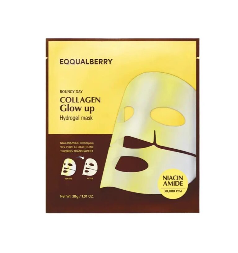 En pakke EQUALBERRY Collagen Glow Up Hydrogel Mask med en gul maskeillustration, klare gule accenter på brunt og detaljer som kollagen og 30.000 ppm niacinamid.