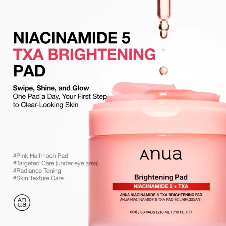 En lyserød krukke mærket ANUA - Niacinamide 5 TXA Brightening Pad vises med en tonerpude og pipette. Teksten fremhæver pudens vigtigste funktioner og fordele for at opnå klar, strålende hud.