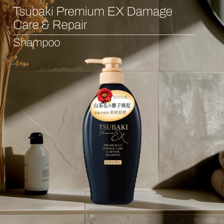 En flaske Shiseido - Tsubaki Premium EX Damage Care & Repair Shampoo med pumpe står på en træoverflade, mens sollyset kaster skygger. Dekorative planter og minimalistisk indretning dukker op i baggrunden.