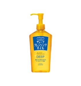 En gul plastpumpeflaske med Kose - Softymo Cleansing Oil, med blå og hvid japansk tekst på etiketten, designet til ansigtsrensning.