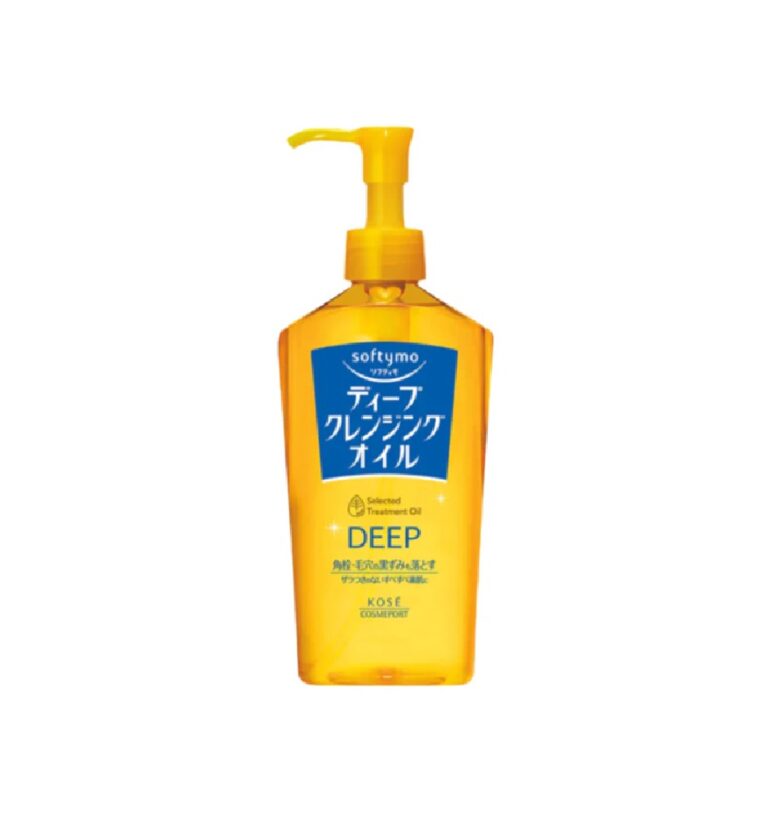 En gul plastpumpeflaske med Kose - Softymo Cleansing Oil, med blå og hvid japansk tekst på etiketten, designet til ansigtsrensning.