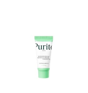 En lille tube Purito SEOUL - Wonder Releaf Centella Cream Unscented med grøn hætte og grøn-hvid indpakning står oprejst mod en almindelig hvid baggrund.