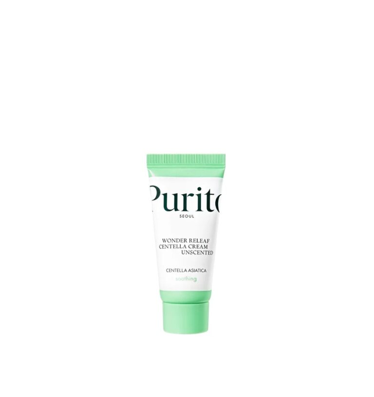 En lille tube Purito SEOUL - Wonder Releaf Centella Cream Unscented med grøn hætte og grøn-hvid indpakning står oprejst mod en almindelig hvid baggrund.