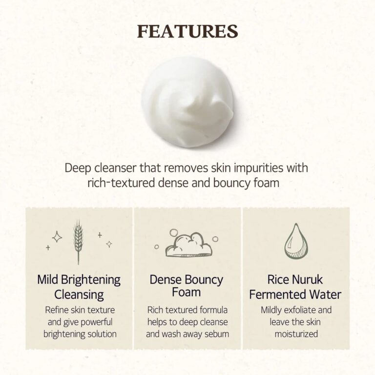 Skinfood - Rice Daily Brightening Cleansing Foam har et tæt, sprudlende skum til dybderensning, milde lysnende effekter, fermenteret risvand til hydrering og skånsom daglig pleje.