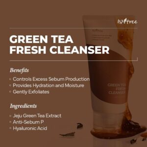 En tube Isntree - Green Tea Fresh Cleanser med spildt rensemiddel ved siden af. Teksten fremhæver oliekontrol, hydrering og eksfoliering med Jeju-ekstrakt af grøn te, Anti-Sebum P og hyaluronsyre som nøgleingredienser.