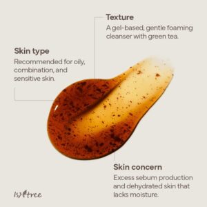Isntree - Green Tea Fresh Cleanser er en gelebaseret, ravfarvet rens med synlige partikler af grøn te, designet til fedtet, kombineret og følsom hud for at afhjælpe overskydende talg og dehydrering. Branding fremgår af emballagen.