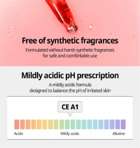 En rød dråbetæller på en pink baggrund med tekst: Fri for syntetiske duftstoffer. VT Cosmetics - Azelaic A1 Calming Ampoule er parfumefri til sikker brug. Nedenfor ses en pH-skala mærket CE A1, som fremhæver den mildt sure azelainpleje.
