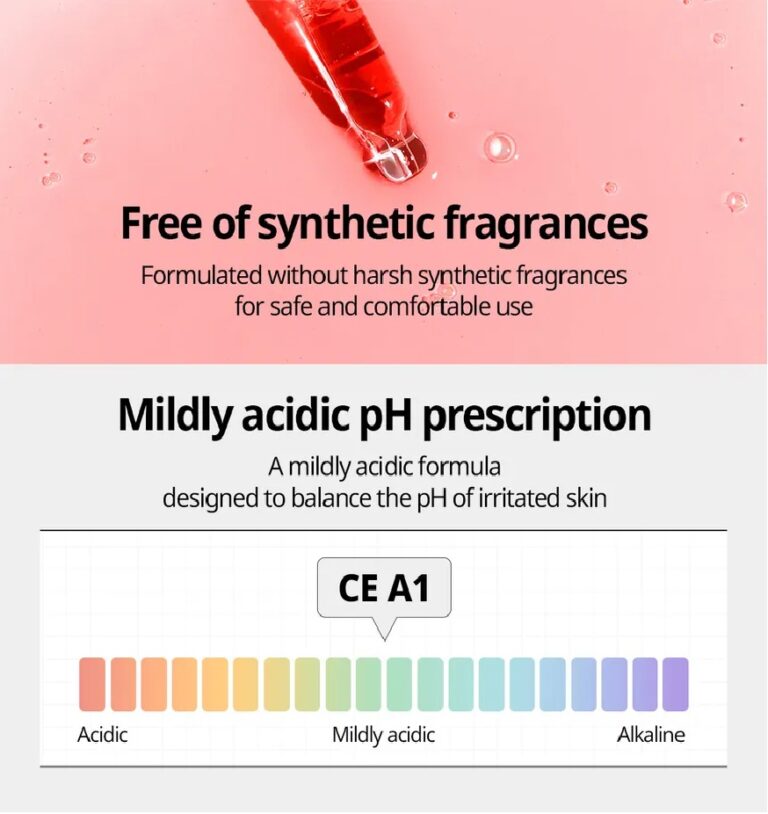 En rød dråbetæller på en pink baggrund med tekst: Fri for syntetiske duftstoffer. VT Cosmetics - Azelaic A1 Calming Ampoule er parfumefri til sikker brug. Nedenfor ses en pH-skala mærket CE A1, som fremhæver den mildt sure azelainpleje.