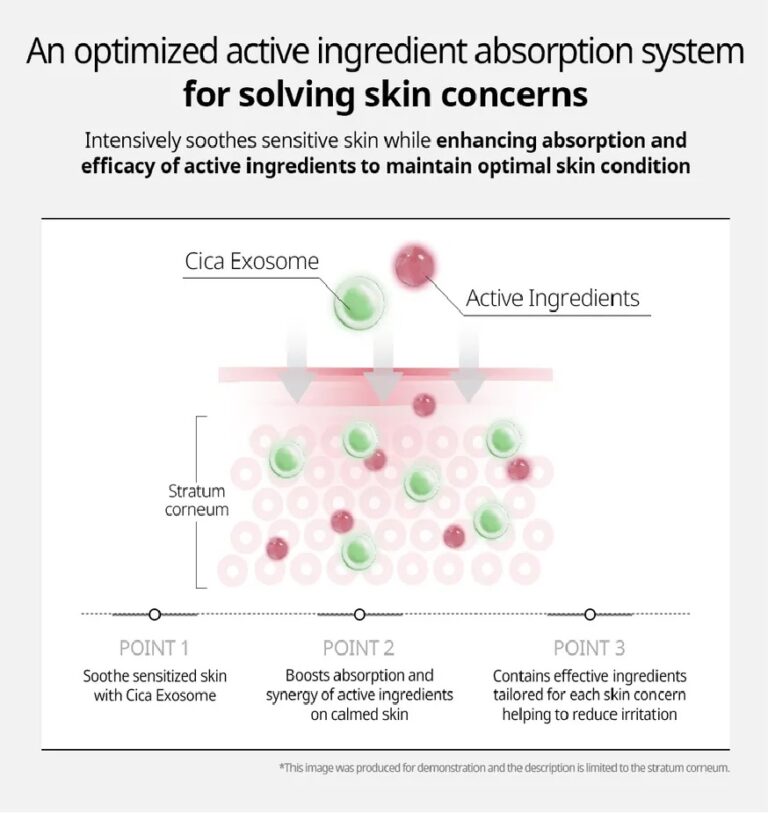 Infografik, der viser, hvordan VT Cosmetics - Azelaic A1 Calming Ampoule bruger cica-exosomer til at forbedre afgivelsen af aktive ingredienser gennem stratum corneum, hvilket hjælper med at berolige og pleje følsom hud.