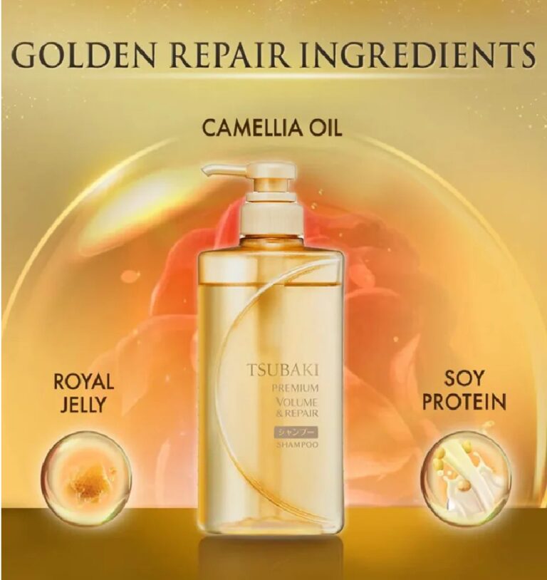 En gylden flaske med Shiseido - Tsubaki Premium Volume & Repair Shampoo står i centrum og fremhæver Camellia Oil, Royal Jelly og Soy Protein mod en strålende gylden baggrund.