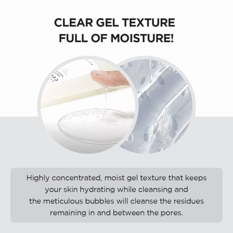 To billeder viser SKIN1004 - Madagascar Centella Tone Brightening Cleansing Gel Foam i færd med at blive hældt op og et nærbillede af gelbobler. Den højkoncentrerede formel fugter og renser porerne i dybden for rester og giver en lysere hud.