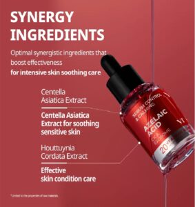 En rød flaske med dråbetæller vises på en rød baggrund. VT Cosmetics - Azelaic A1 Calming Ampoule indeholder Centella Asiatica Extract, Houttuynia Cordata Extract og Azelaic A1 for at berolige huden og kontrollere sebum.