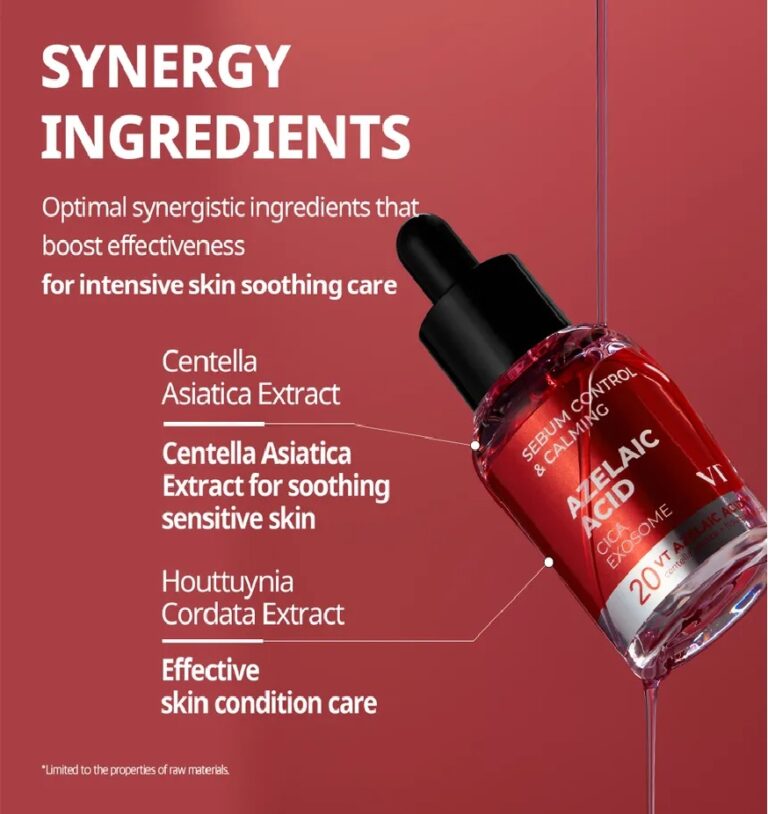 En rød flaske med dråbetæller vises på en rød baggrund. VT Cosmetics - Azelaic A1 Calming Ampoule indeholder Centella Asiatica Extract, Houttuynia Cordata Extract og Azelaic A1 for at berolige huden og kontrollere sebum.