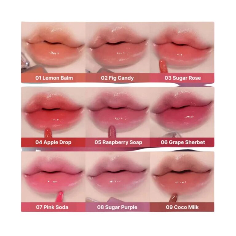 Et nærbillede af læber med Alternative Stereo Lip Potion Aqua Glow i nuance 04 Apple Drop, der viser en blank, levende farve.