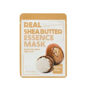 En beige pakke med Farm stay - Real Shea Butter Essence Mask viser sheanødder og cremet smør, engelsk og koreansk tekst og "23 ml (0.78 fl. oz.)" i bunden.