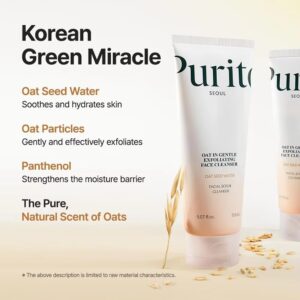 En tube med Purito SEOUL - Oat-In-Gentle Exfoliating Face Cleanser står ved siden af havrekorn og -stilke. Teksten fremhæver de fugtgivende, eksfolierende og barriereforstærkende fordele mod en lys, minimalistisk baggrund.