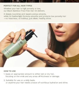 En kvinde doserer Haruharu Wonder - Black Bamboo Frizz-free Hair Oil i sin håndflade. Teksten fremhæver den nærende formel til alle hårtyper, som tilfører glans og dæmper krus. Brugsanvisningen vises under billedet.