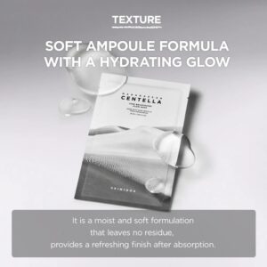 En pakke med SKIN1004 Madagascar Centella Tone Brightening Glow Mask er vist med vanddråber. Teksten ovenover lyder: Blød ampulformel med en fugtgivende glød. Nedenfor beskrives den som fugtig, blød og uden rester.