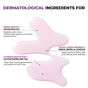 Lyserøde serumdråber på en hvid baggrund viser Jumiso - Niacinamide 10 Serum med 10 % niacinamid mod mørke pletter, plus glutathion, TXA mod hyperpigmentering og triple centella complex for at dæmpe rødme. Teksten er i lilla og sort.