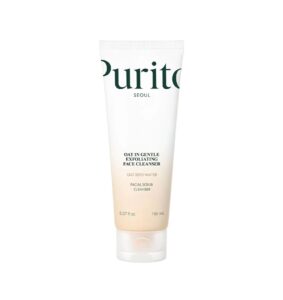 En 150 ml (5.07 fl oz) tube med Purito SEOUL - Oat-In-Gentle Exfoliating Face Cleanser, der indeholder havrefrøvand og beskrives som en blid ansigtsscrub, vist på en hvid baggrund.