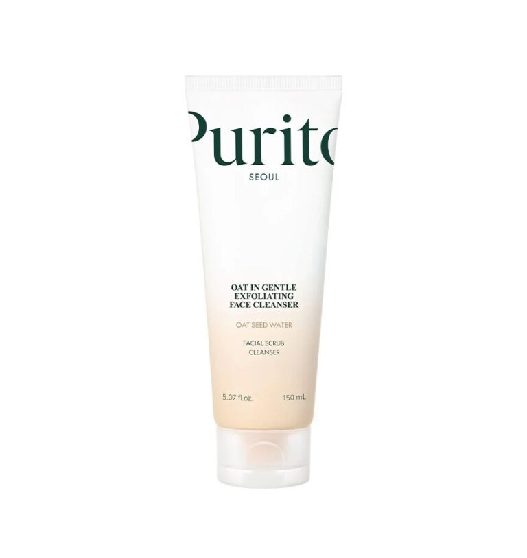 En 150 ml (5.07 fl oz) tube med Purito SEOUL - Oat-In-Gentle Exfoliating Face Cleanser, der indeholder havrefrøvand og beskrives som en blid ansigtsscrub, vist på en hvid baggrund.