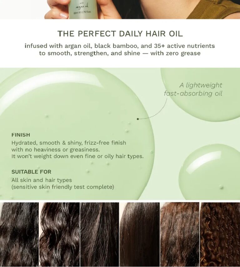 Reklamegrafik for Haruharu Wonder - Black Bamboo Frizz-free Hair Oil viser en lysegrøn oliedråbe, produktfordele og skinnende resultater på forskellige hårtyper. Teksten fremhæver den lette, hurtigt absorberende formel til alle hårtyper.
