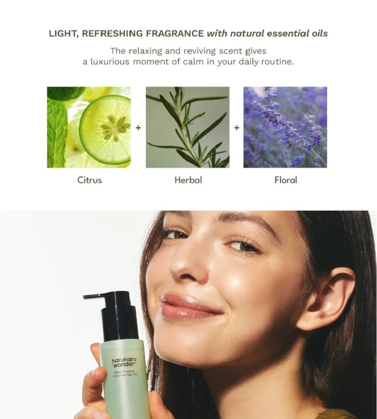 En smilende kvinde holder en grøn flaske med Haruharu Wonder - Black Bamboo Frizz-free Hair Oil. Over hende viser billeder af citrus, urter og blomster den lette duft og de æteriske olier, der giver glat og krusfrit hår.