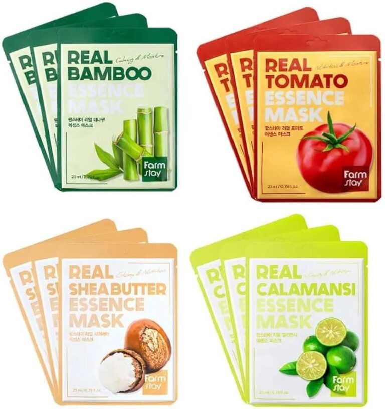 Fire Farm stay Essence Mask-pakker - Real Bamboo, Real Tomato, Real Shea Butter Essence Mask og Real Calamansi - vises, hver med billeder af deres nøgleingrediens på emballagen.
