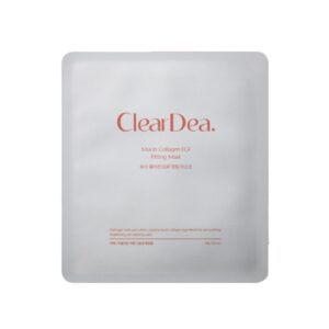 En firkantet, hvid ClearDea - Mucin Collagen EGF Fitting Mask-pakke har minimal orange tekst og en almindelig hvid baggrund.