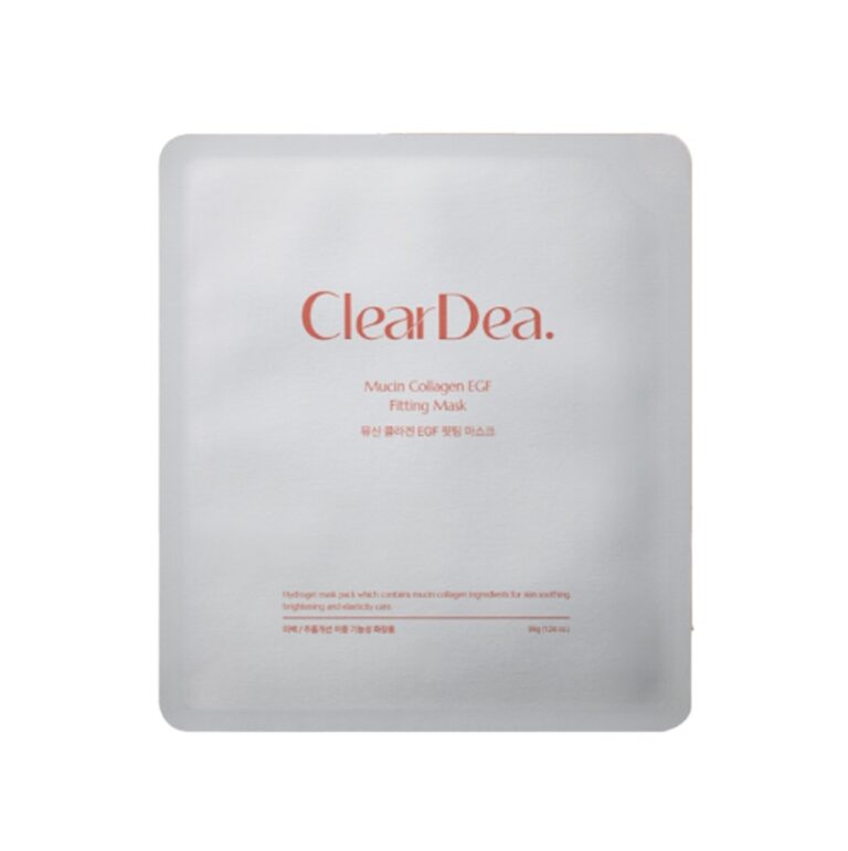 En firkantet, hvid ClearDea - Mucin Collagen EGF Fitting Mask-pakke har minimal orange tekst og en almindelig hvid baggrund.