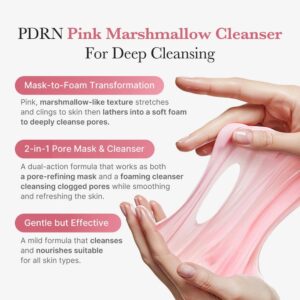 En hånd strækker Medicube PDRN Pink Niacinamide Whip Cleansers skum som en skumfidus. Teksten fremhæver dens maske-til-skum-virkning, dobbelte porerensnings- og maskefunktioner samt en skånsom niacinamidformel til alle hudtyper.