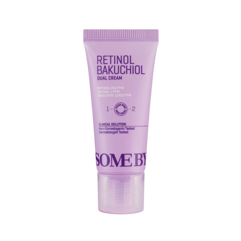 En lavendelfarvet tube med Some By Mi - Retinol Bakuchiol Dual Cream, der viser produktoplysninger og branding i hvid og mørk lilla tekst på en almindelig hvid baggrund.