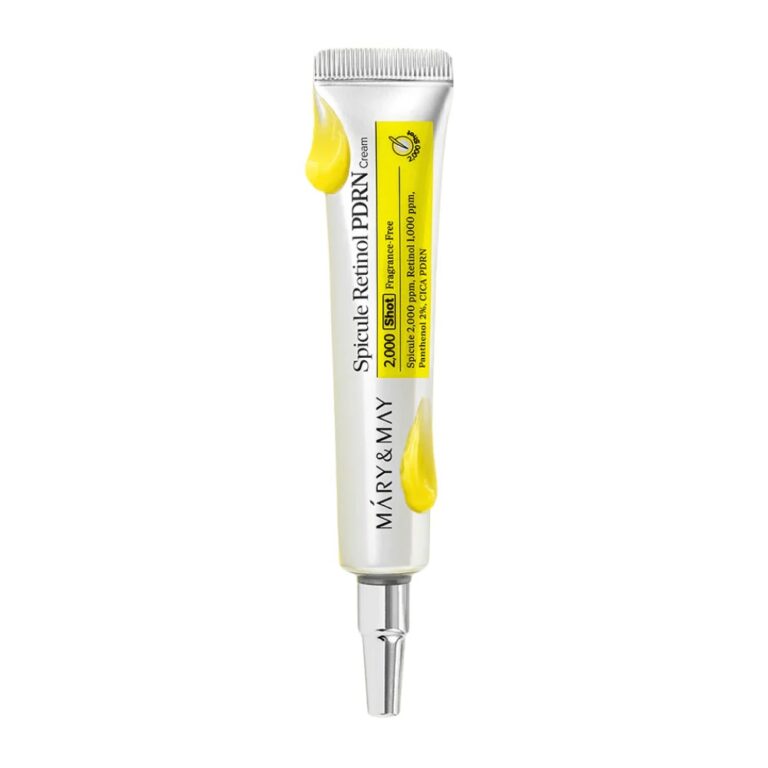 En sølvfarvet tube med Mary&May - Spicule Retinol PDRN Cream med gule accenter og cremefarvede dråber på tuben på en hvid baggrund viser denne avancerede formel.
