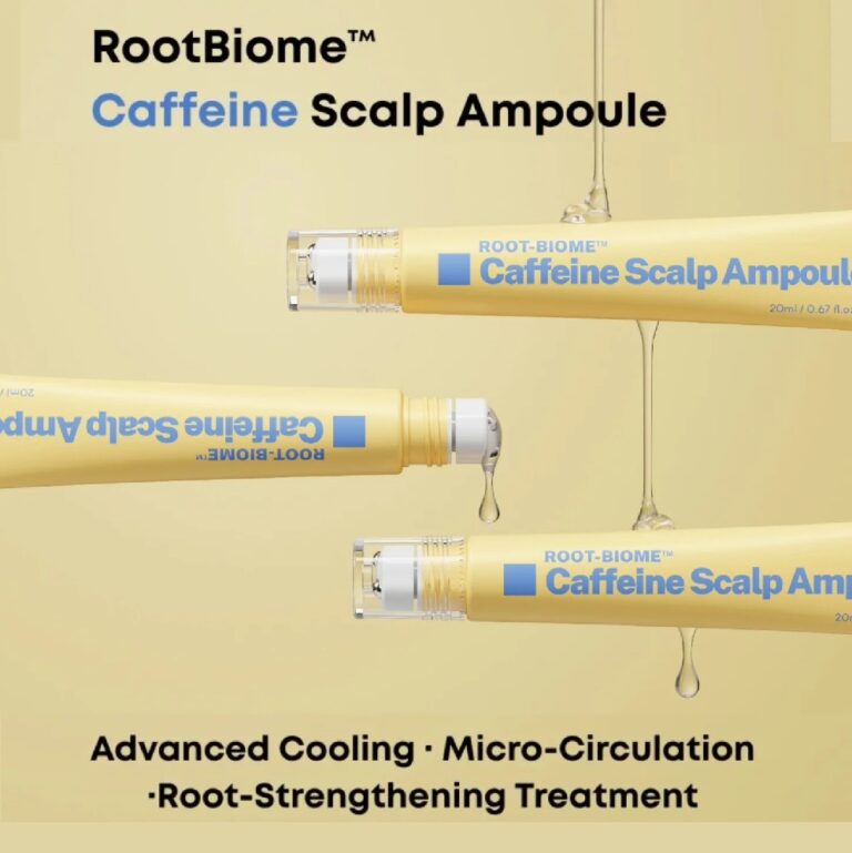 To gule tuber mærket Nineless - Root-Biome™ Caffeine Scalp Ampoule er vist med dråber i spidsen på en beige baggrund. Fremhævede fordele: avanceret køling, mikrocirkulation og styrkelse af roden.