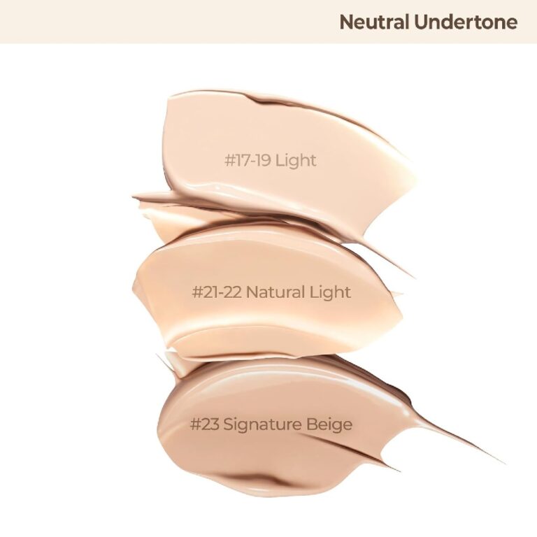 Tre farveprøver af Cell Fusion C - Skin Blemish Balm Intensive - Light (#17-19 Light, #21-22 Natural Light, #23 Signature Beige) med neutrale undertoner er vist på hvid under titlen "Neutral Undertone". Perfekt til Intensive Light-dækning.