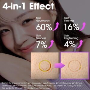 En smilende kvinde med glat hud vises ved siden af en tekst, der fremhæver 4-i-1-effekten af Some By Mi - Retinol Bakuchiol Dual Cream: 60 % mindre huddepression, 16 % mere fasthed, 7 % mere elasticitet og 4 % lysere hud.
