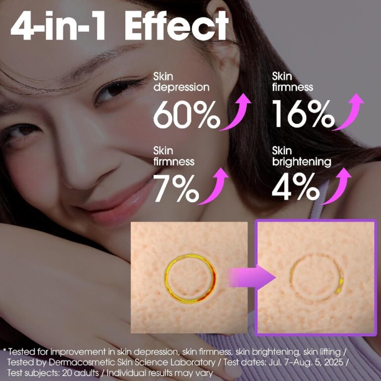 En smilende kvinde med glat hud vises ved siden af en tekst, der fremhæver 4-i-1-effekten af Some By Mi - Retinol Bakuchiol Dual Cream: 60 % mindre huddepression, 16 % mere fasthed, 7 % mere elasticitet og 4 % lysere hud.