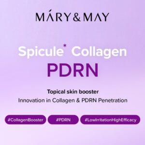 Reklamebillede for Mary&May - Spicule Collagen PDRN Cream, en topisk hudbooster, med hashtaggene #CollagenBooster, #PDRN og #LowIrritationHighEfficacy på en lilla baggrund.
