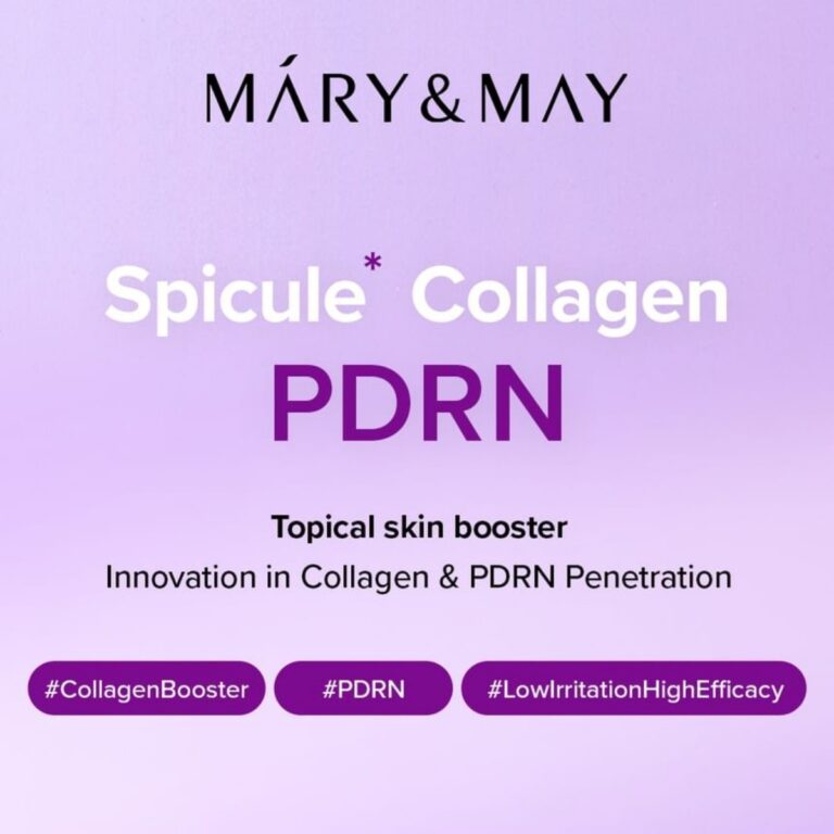 Reklamebillede for Mary&May - Spicule Collagen PDRN Cream, en topisk hudbooster, med hashtaggene #CollagenBooster, #PDRN og #LowIrritationHighEfficacy på en lilla baggrund.