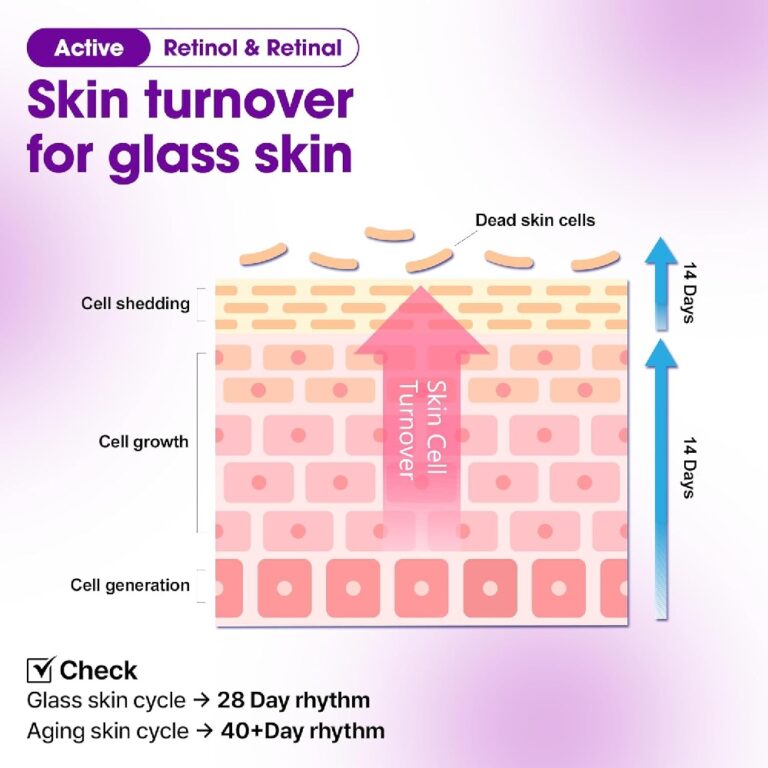 Infografik, der viser hudcelleomsætningen for glashud og fremhæver fordelene ved Some By Mi - Retinol Bakuchiol Dual Cream. Diagrammet viser hudlag, døde celler øverst, pil opad, og noterer en 28-dages cyklus for glashud vs. 40+ dage for aldrende hud.